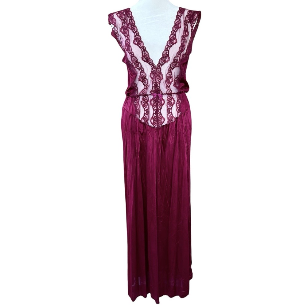 Vintage Flair Long Nightgown Burgundy Satin Nylon Lace Lingerie Union‎ Made USA